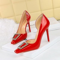 3287-K39 Wind High Heels, Thin Heels, Lacquer Leather, Shallow Mouth Square Head, Side Hollow Water Diamond Buckle High Heels, Women's Shoes