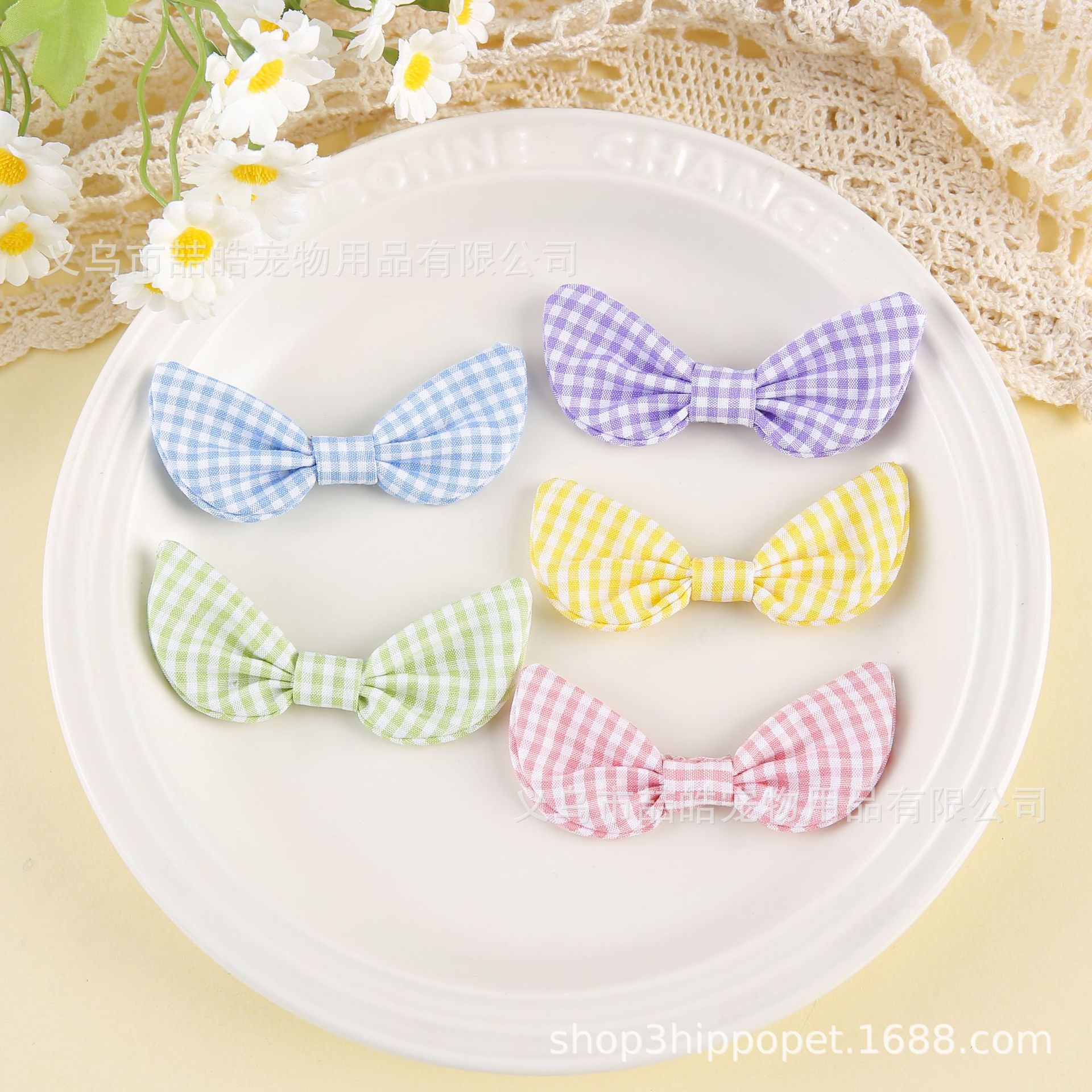 Zhehao Pet Hair Clip Accessories Plaid Fabric Handmade Rabbit Ear Bow DIY Accessories Cat Dog Maltese Hair Clip