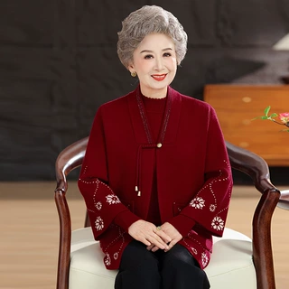 【100%纯羊毛】妈妈厚款外套奶奶毛衣上衣开衫两件套装秋冬中老年