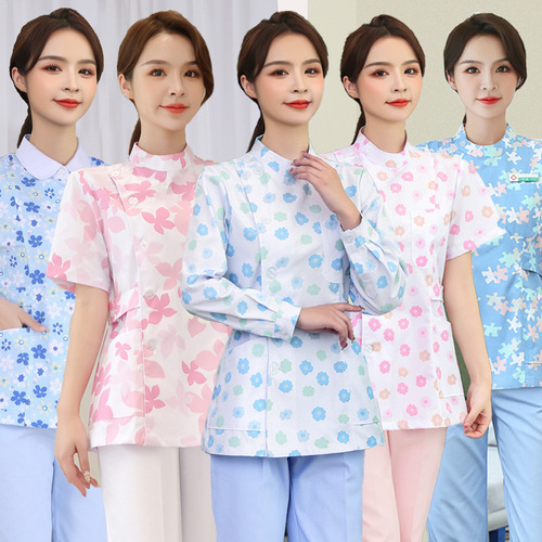 Floral nurse short sleeved work uniform pharmacy shop beauty parlor spa clothes for woman female long sleeve maternal and child care center overalls