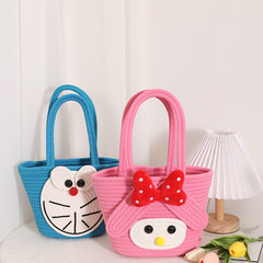 Cute cartoon cotton braided blue Doudou Cat handbag, pink Melti gift bag, hand-held braided basket