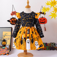 万圣节儿童服装表演服女童蜘蛛网小飞袖化妆舞会长袖连衣裙