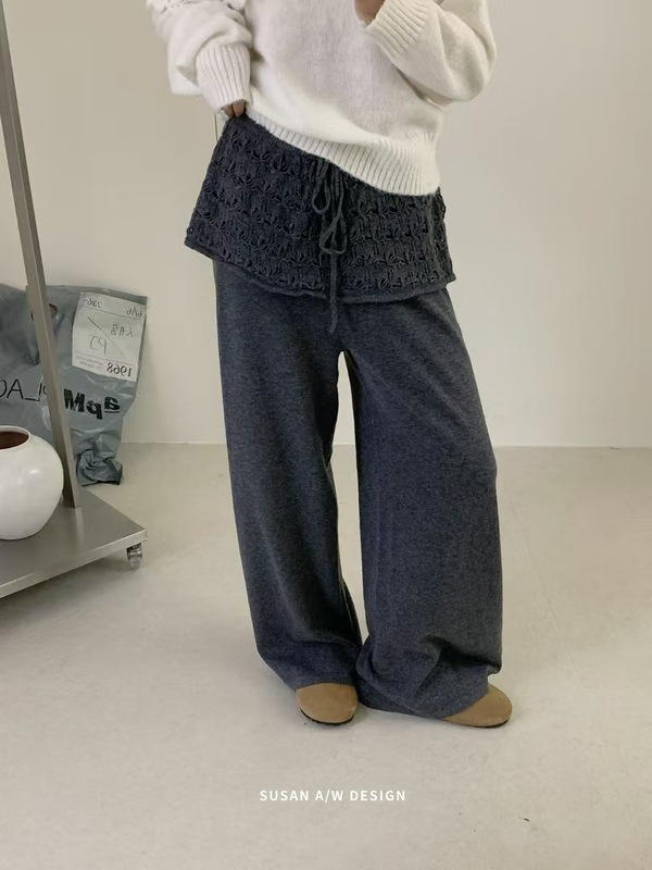 苏珊 韩系镂空花边屁帘阔腿裤女秋季高腰垂感宽松直筒休闲裤26883|undefined