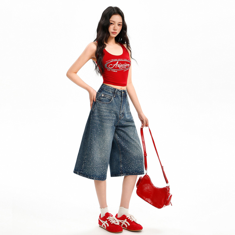 【Jin Yin】2 Colors/American Style Rhinestone High-Waisted Wide-Leg Jeans for Women, New Loose Casual Versatile Cropped Pants 【Jin Yin】2 Colors/American Style Rhinestone High-Waisted Wide-Leg Jeans for Women, New Loose Casual Versatile Cropped Pants