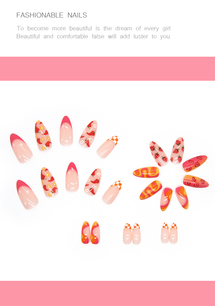 24 Cute Vegetable and Fruit Combination Nail Droplets with Sharp Nails, Summer Hot, Sweet, Cool False Nails in Box_voghion.com