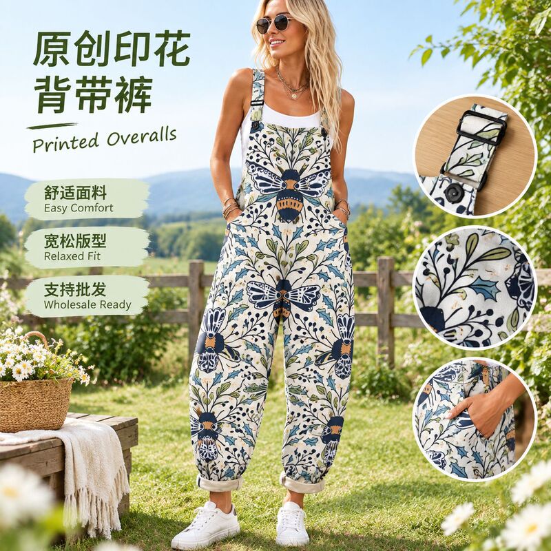 (Day Button) Cross-border women's clothing, Amazon, European and American style, summer digital 3D printed button-up overalls, casual suspender pants (Day Button) Cross-border women's clothing, Amazon, European and American style, summer digital 3D printed button-up overalls, casual suspender pants