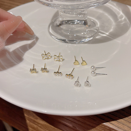 S925 Silver Needle Small Fresh Simple Pearl Set Earrings Ins Trendy Versatile Temperament Student Bow Earrings Women