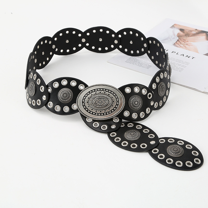 Hot Girl Retro Women's Belt Exaggerated Punk Style Oval Splicing Girdle Large Disc Pattern Alloy Buckle Belt for Women