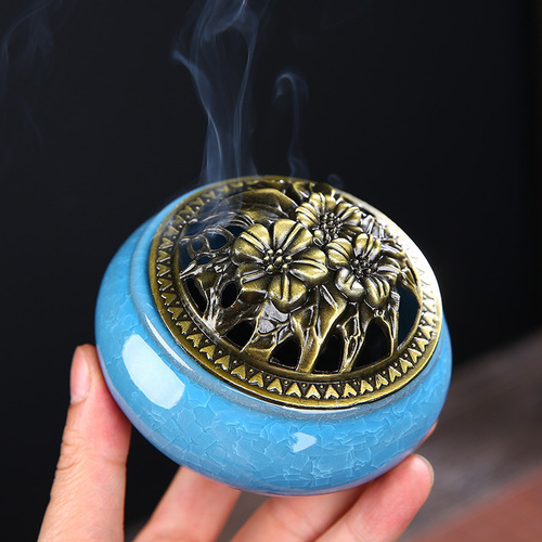 Inverted Flow Incense Burner Ceramic Ornament Ge Kiln Ice Crackle Home Use with Lid Plate Incense Burner Agarwood Incense Room Aroma Incense Burner Sandalwood for Worship