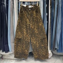 FSY美式复古多口袋豹纹牛仔裤2025秋季新款直筒宽松洋气工装裤潮