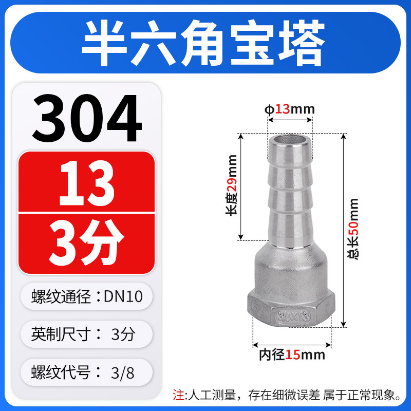 304不锈钢内丝宝塔接头六角皮接内螺纹竹节皮插软管格林头4/6分|undefined