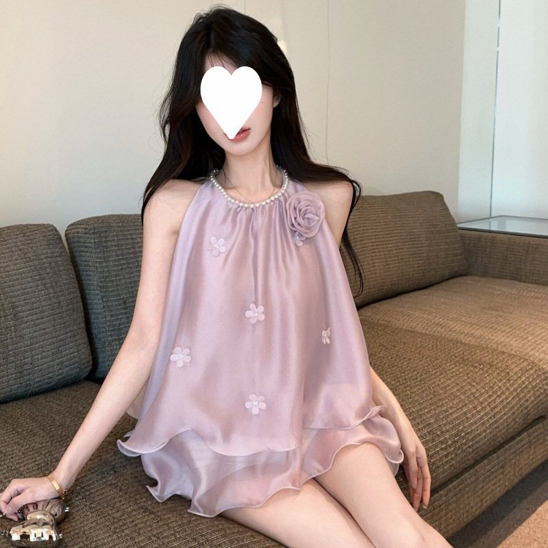 Popular Purely Alluring Purple Pearl Halter Neck Shirt for Women, Summer 2026 French Floral Sleeveless Skirted Top