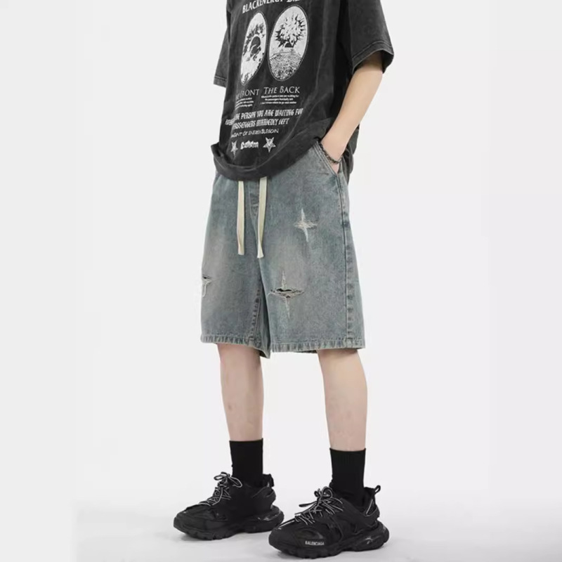 American Style Retro Ripped Denim Shorts Men's Summer Loose plus size Drawstring Straight Pants Handsome Trendy Brand Five-point Pants
