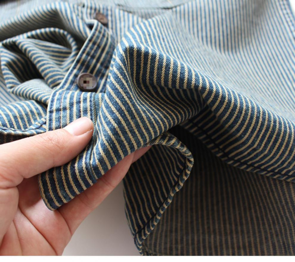 Vintage-Jeanshemd für Herren – Schweres, gestreiftes Langarm-Freizeithemd mit zwei Taschen, lockerer Passform, Polyester-Mischgewebe_voghion.com