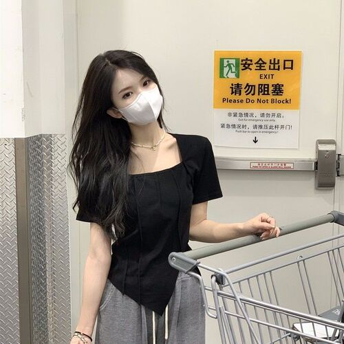 Pure Desire Square Collar Short Sleeve T-Shirt for Women - Summer Fitted Stylish Unique Sweet and Spicy Cute Shoulder Short Length Pleated Top