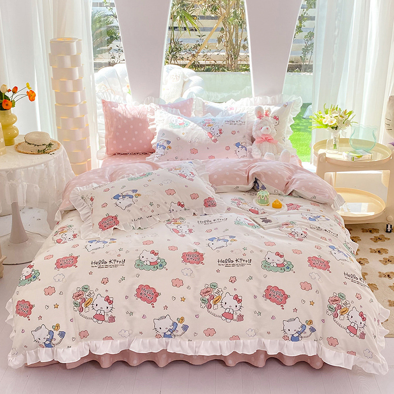 三丽鸥纯棉花边款四件套全棉公主风卡通HelloKitty床单被套床裙款|undefined