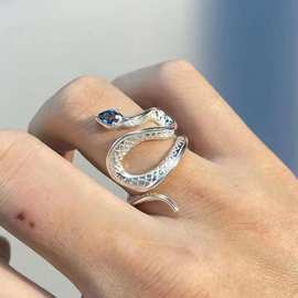2023海蓝色托帕石灵蛇开口戒指创意小众设计高级感ins冷 淡风指环