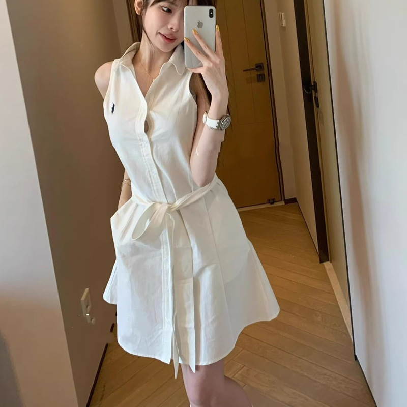 Scan the Qr Code for the Rl Ralph Lauren Logo Embroidered Sleeveless Cotton Celebrity-Style Polo Dress, Simple White Moonlight Dress