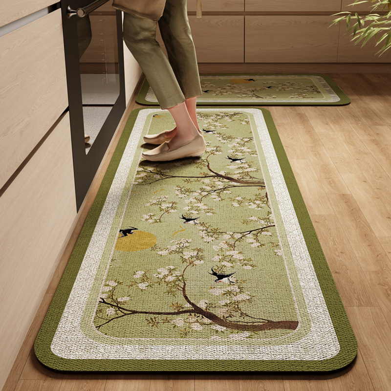 New Chinese-style kitchen linen floor mat set with traditional bamboo, bird, and floral patterns, oil-resistant, non-slip, dirt-resistant long strip floor mat New Chinese-style kitchen linen floor mat set with traditional bamboo, bird, and floral patterns, oil-resistant, non-slip, dirt-resistant long strip floor mat