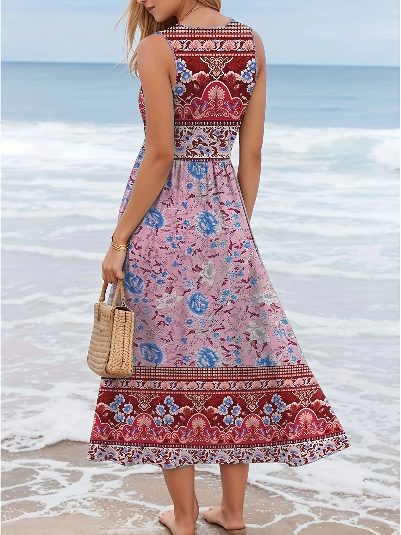 2025 European And American Printed Beach Sleeveless Vest Long Dress Women's Fashion_ecoleips.com