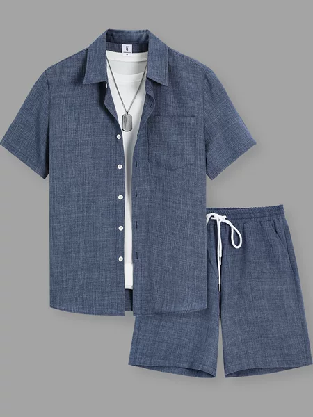 Men's Suit Short-Sleeved Button-Down Shirt Drawstring Diagonal Pocket Shorts Two-Piece Set Wholesale Summer Casual Suit Set