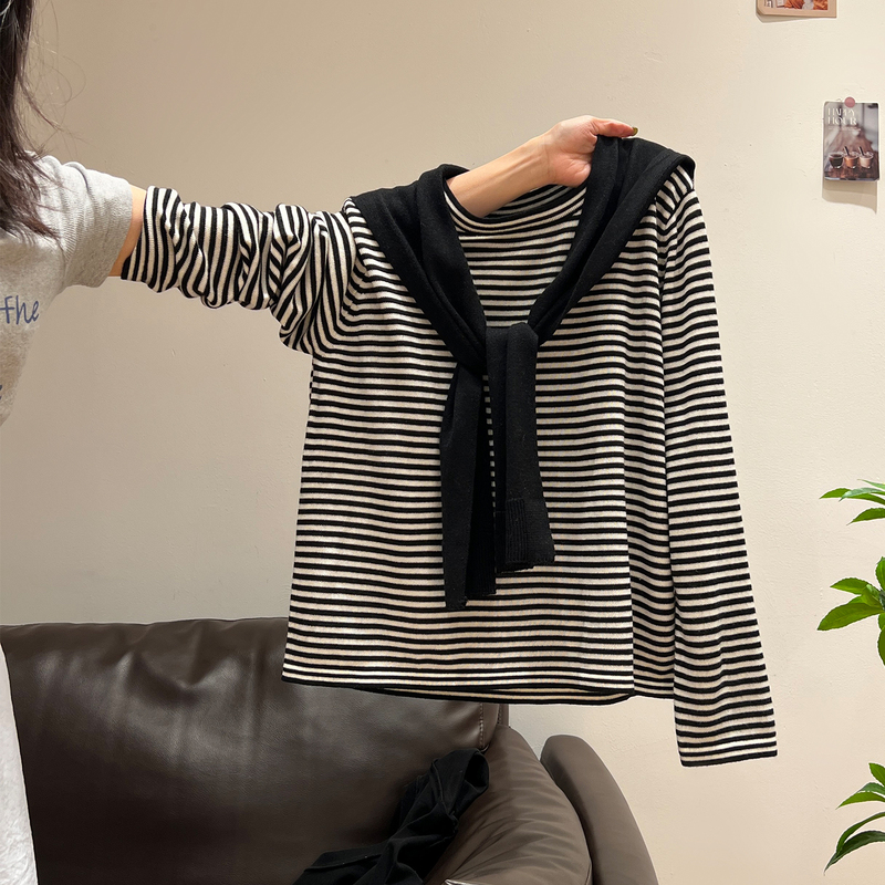 韩系黑白撞色条纹圆领披肩针织打底衫长袖T恤女早秋穿搭宽松上衣1|undefined