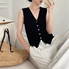 Ice Silk V-Neck Knitted Sleeveless Top for Spring and Summer | Nacre-Buttoned Black Niche-Style Short Vest for Women—Perfect for Outwear