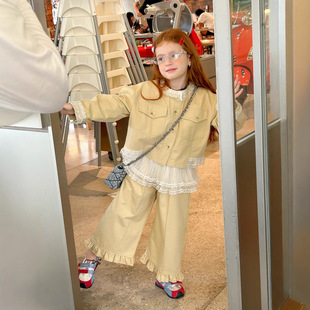 2025 New Autumn Girls' Fashionable Korean Style Long-Sleeved Lace Design Pants Jacket Denim Two-Piece Suit