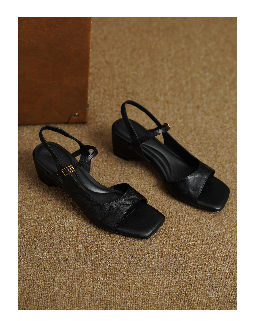 Sandal nữ da dê hở mũi gót vuông 4,5 cm phong cách Hàn Quốc — đen chi tiết 17
