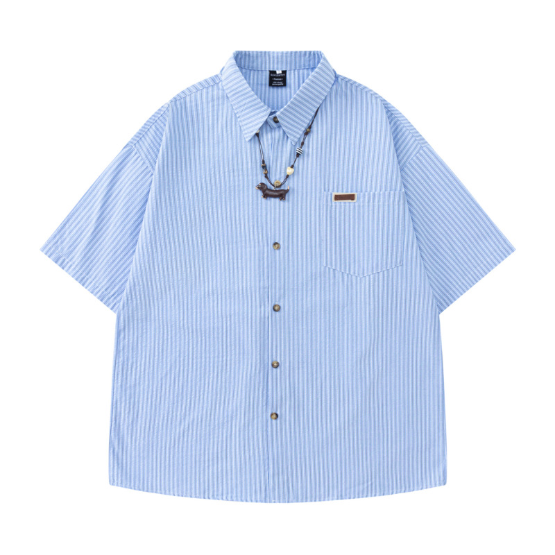 Japanese-Style Striped Short-Sleeve Shirt for Men and Women, Summer Loose Casual Shirt with Dachshund Dog Necklace Decoration, Versatile College Style Shirt Japanese-Style Striped Short-Sleeve Shirt for Men and Women, Summer Loose Casual Shirt with Dachshund Dog Necklace Decoration, Versatile College Style Shirt