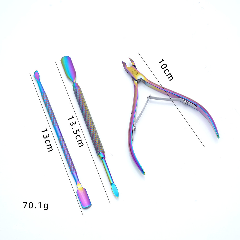 Manicura, manicura, removedor de uñas, juego de tres piezas, corte de piel muerta de acero inoxidable, tamaño, juego de empuje de acero de doble cabezal, fábrica al por mayor