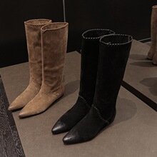 气质时髦 Literary秋冬真皮磨砂牛皮长筒靴子高筒长靴内增高尖头