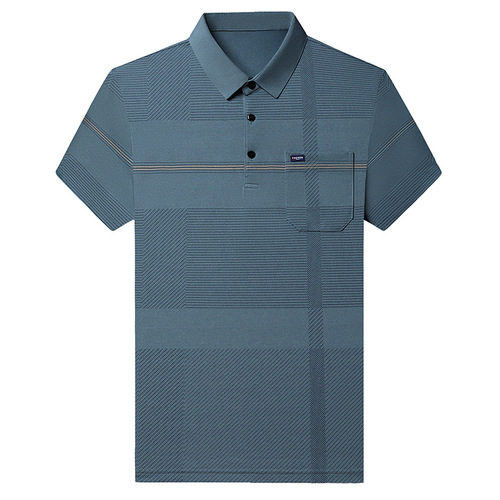 Father's Day Ice Silk T-Shirt Men Short Sleeve Striped True Pocket Polo Collar Loose Middle-Aged Dad Set Summer Wear