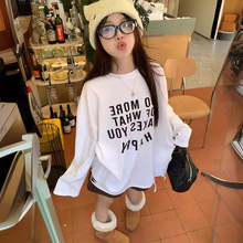 实拍 2024春季韩版chic简约百搭字母印花割破设计感圆领长袖T恤女