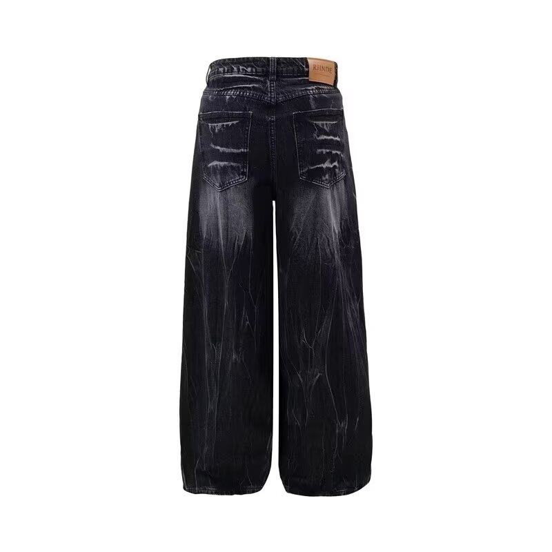 Men's Clothing retro wide leg jeans design sense water marks black and gray loose and slim casual mopping pants _ipsvogv.com