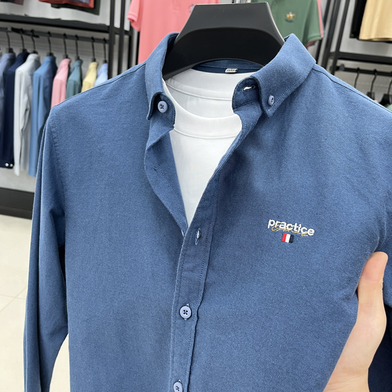 100% Cotton Shirt Men's Long-Sleeved Casual Oxford Pure Color Embroidered Men's Shirt Autumn Top No-Iron Inch Shirt