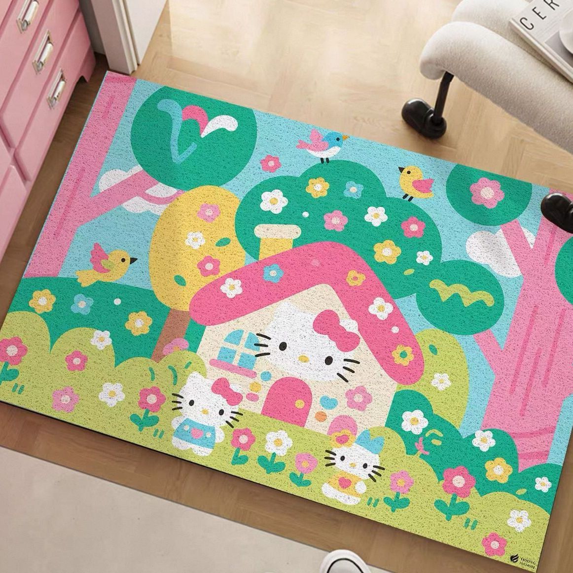 Cartoon Hello Kitty Floor Mat, Entrance Door Mat, Wear-Resistant, Dust-Removing, Non-Slip Foot Mat, Household Cuttable Wire Loop Floor Mat