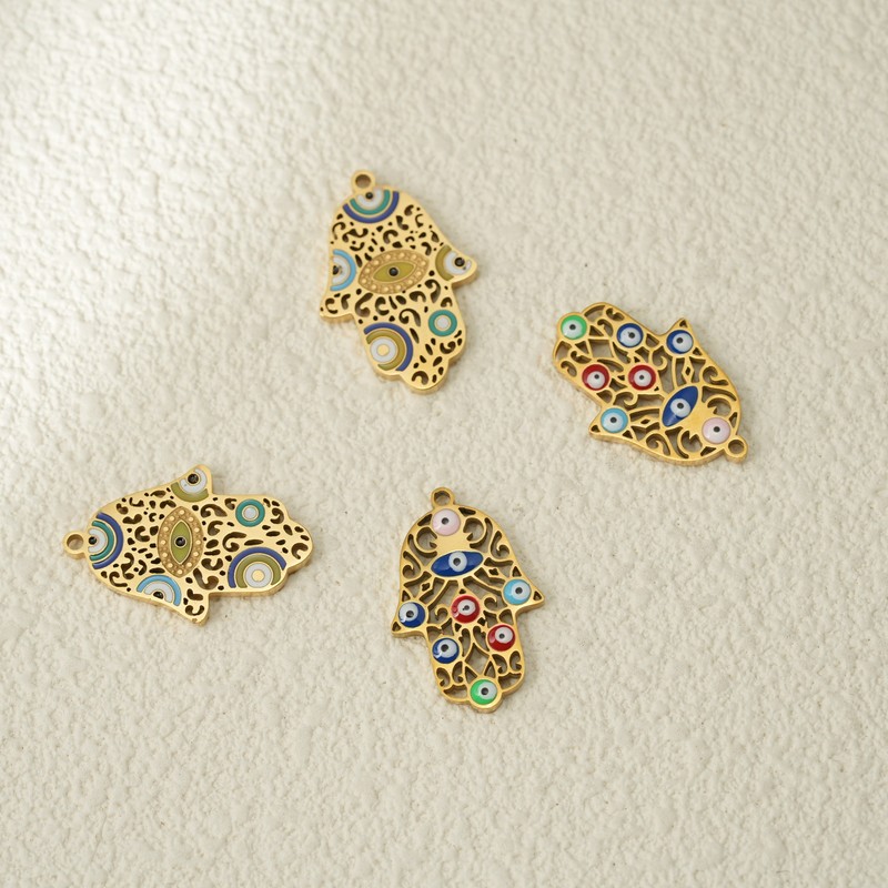 Enamel-painted hand-painted Hamsa hand pendant, titanium steel evil eye pendant, gold hollow amulet charm