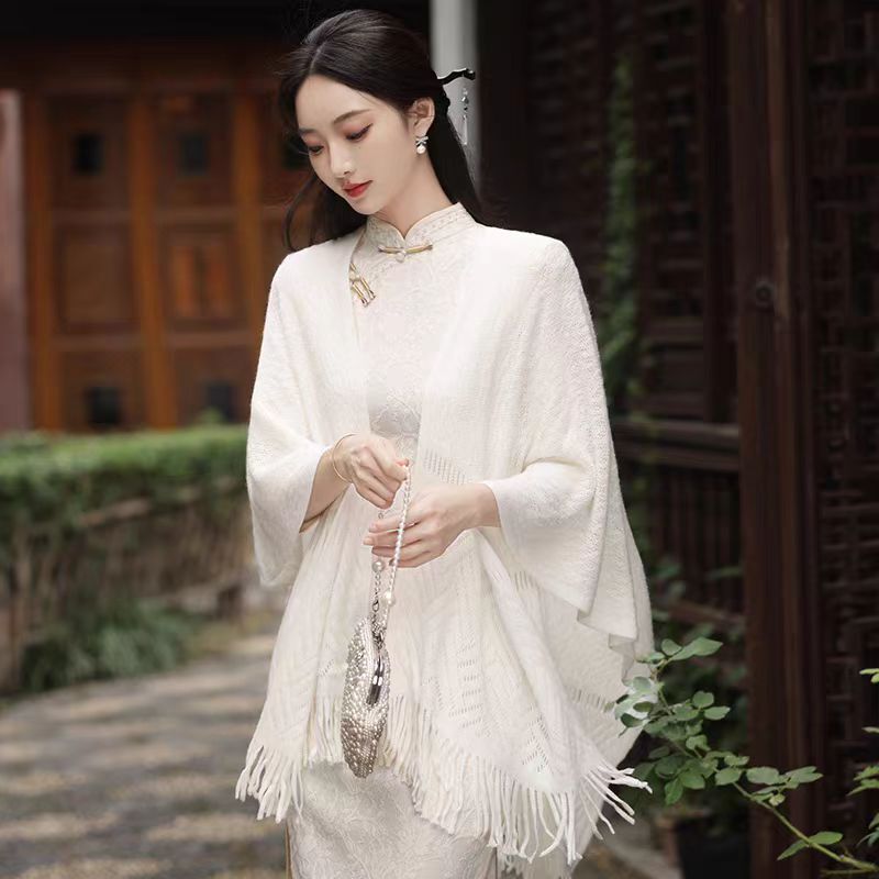 Cheongsam Shawl Wearing Retro Artistic All-match Knitted Jacket Poncho Cardigan Wearing New 2025 Spring Clothes