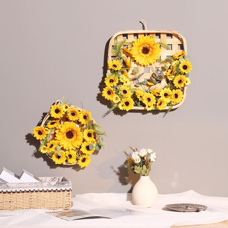 亚马逊跨境新品欧式田园风家居装饰品仿真向日葵花篮带灯挂件壁挂