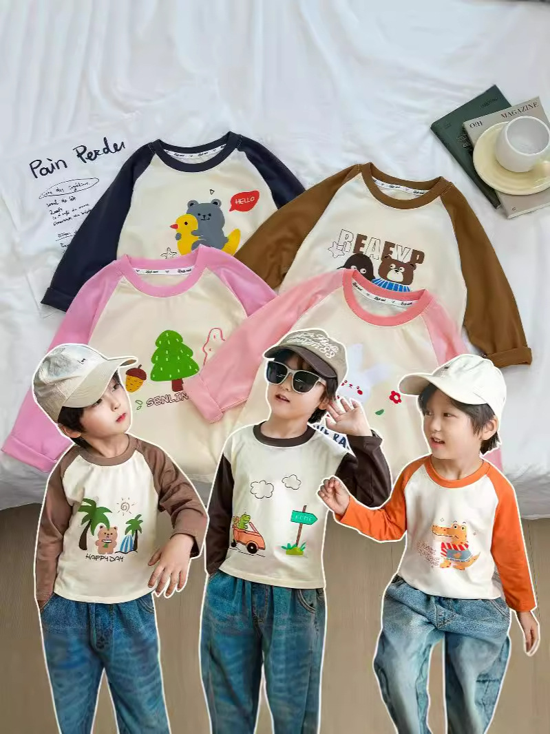 2025 nueva camiseta de algodón para niños camisas de algodón para niños de manga larga una sola pieza de ropa de algodón para mujeres de clase A dibujos animados para niños de moda