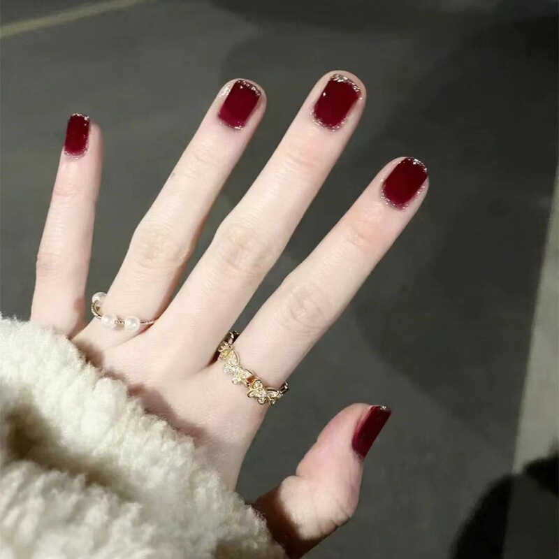 X003 Fake Nail Stickers Wear Finished Nail Nail Stickers Nail Stickers Red Silver Edge Nail Stickers Wear Nail Stickers for Women