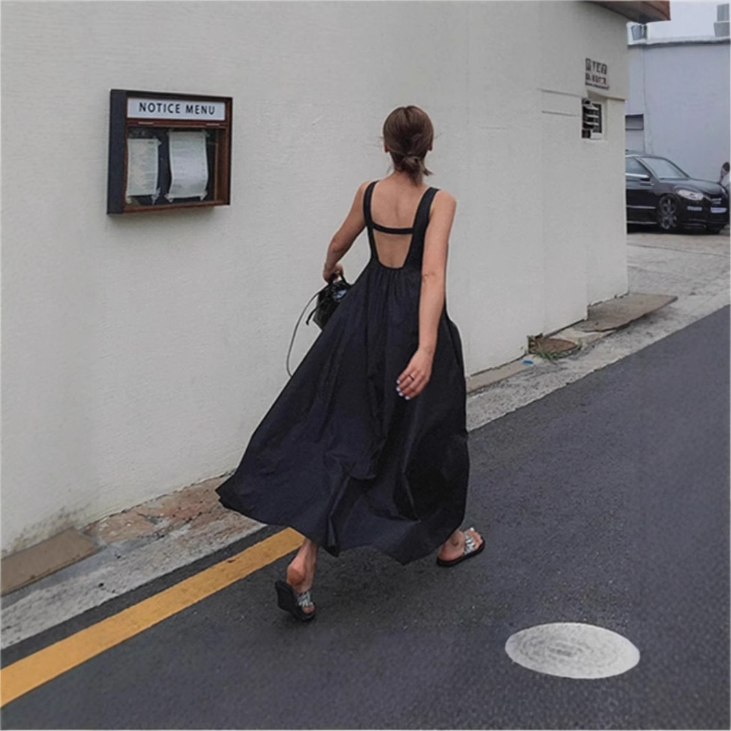 新款纯棉无袖背带连衣裙宽松大码露背吊带裙度假风沙滩裙过膝长裙