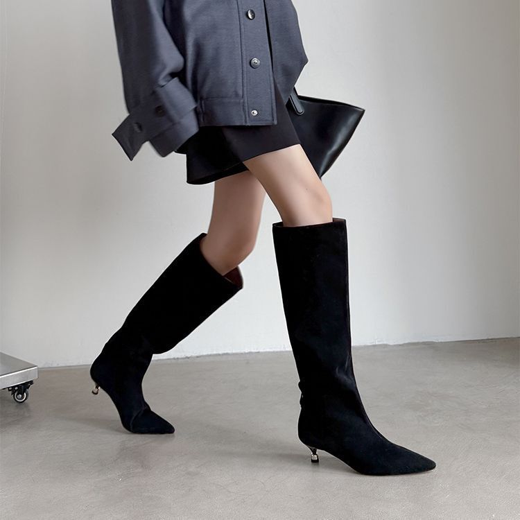 New Style Pointed Toe Stiletto Heel French-Style Pleated Suede Slouch Boots Versatile New Knee-High Boots Long Boots for Women