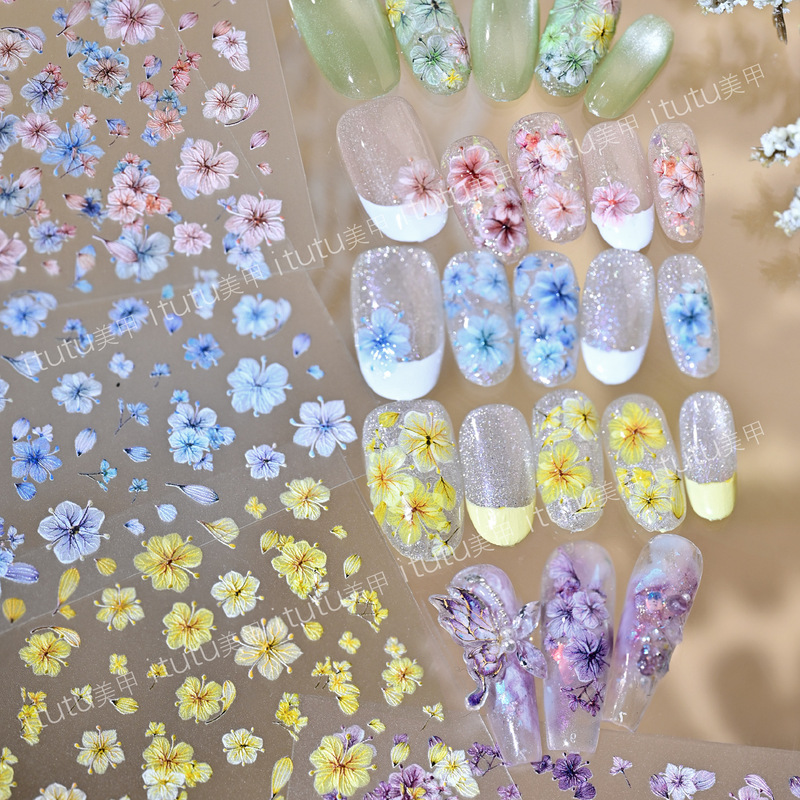 Itutu Simulated Dried Flower Embossed Nail Art Stickers with Colorfulful Flowers and Colorfulful Small Floral Nail Decals 379