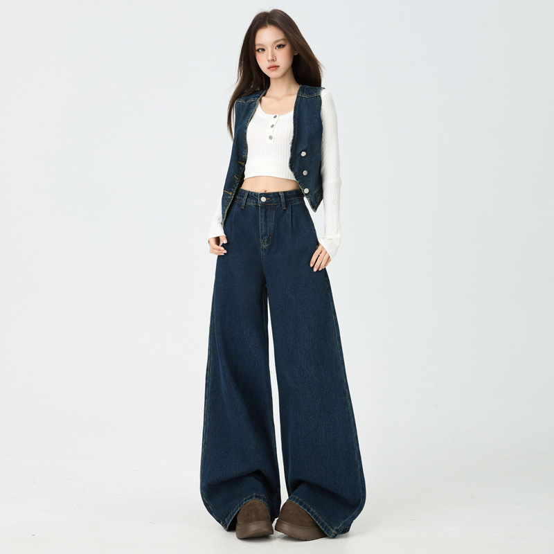American-Style Wide-Leg Pants for Women 2025 New High-End Vest French Denim Jeans Fashion Casual Set