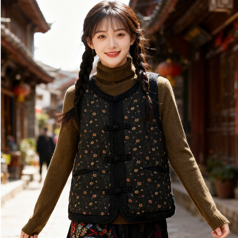 Gu Yishang 2026 Early Spring Cotton Vest with Floral Patchwork Jacquard Button Cardigan Sleeveless Padded Vest for Women