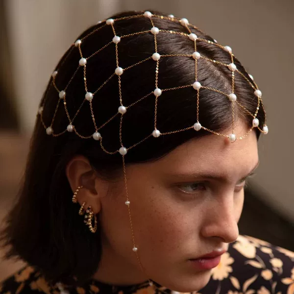 New Mesh Hair Accessories Simple Prom Performance Pearl Headdress Antique Hair Chain Women's Hair Chain