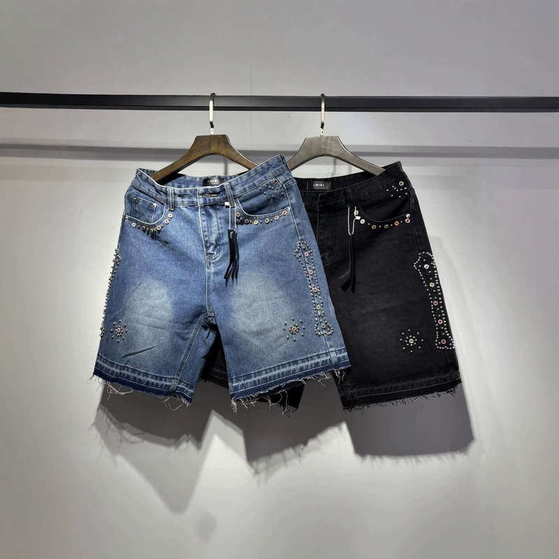 2026 New Amiri Denim Shorts European and American Style Trendy High Street Summer Shorts Men's Rhinestone Shorts