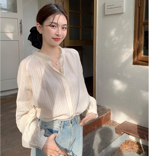 2024 Spring New Korean Style Creamy Apricot Lace Spliced ​​Stand Collar Loose Versatile Long Sleeve Shirt for Women